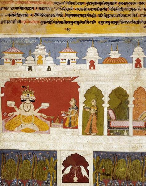 A Lady on a Terrace Offers The Ancient Vedic Ritual Sacrifice To Brahma