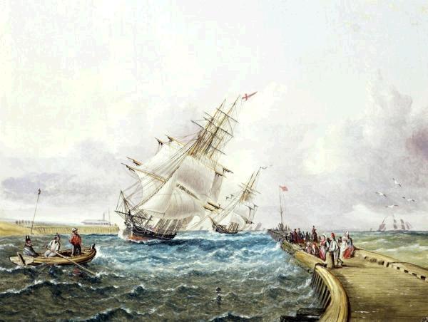 Square Rigged Ships off Jetty  